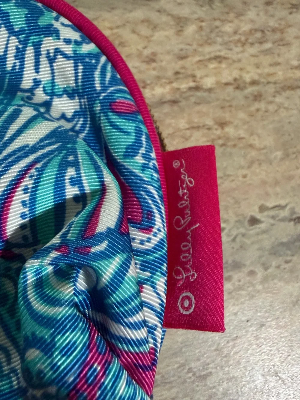 Lilly Pulitzer Pink Turquoise Patterned Cosmetic Pouch with Pineapple Zipper tag